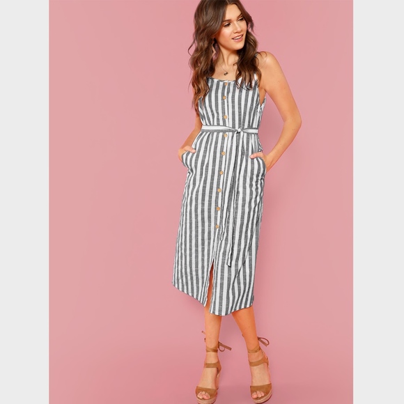 Button Front Vertical Stripe Cami Dress Belted - Picture 2 of 8